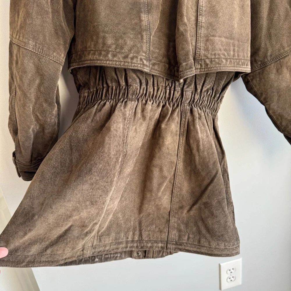 Vintage 80s Brown Suede Utility Coat Womens S Leather Longline Safari Distressed - Picture 12 of 16